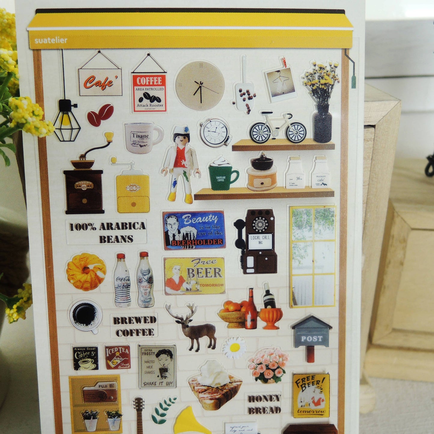 korean stationery, sticker, cafe sticker, coffee, deco,