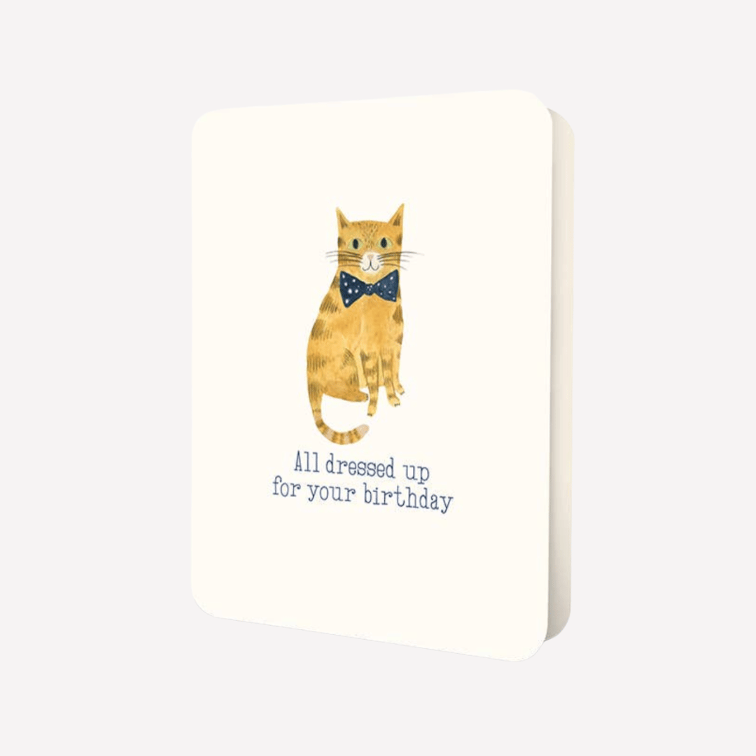 Card with a cat illustration and text 'All dressed up for your birthday' on a white background