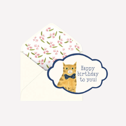 Birthday card with a cat illustration and floral envelope on a white background
