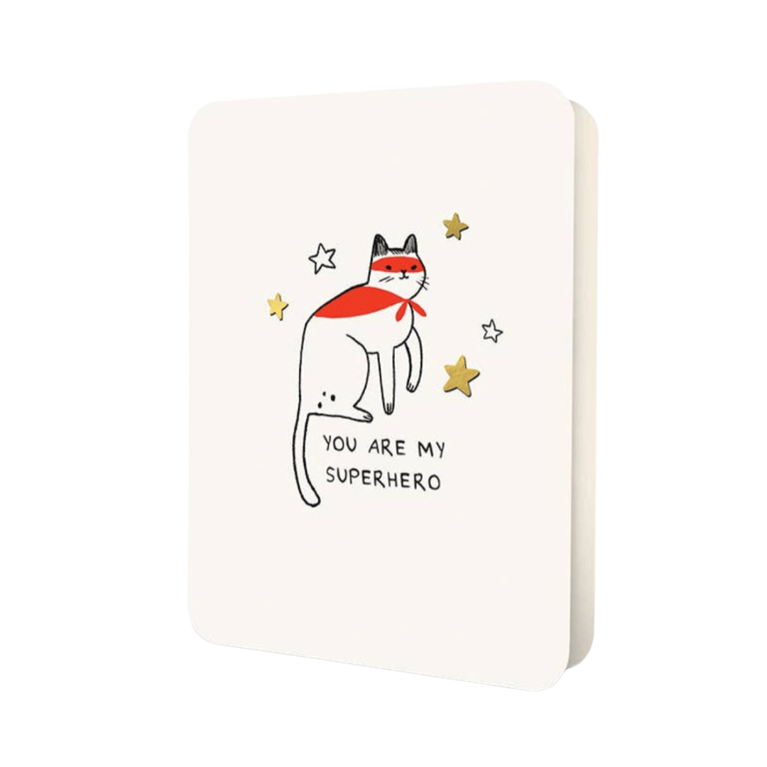 Notebook with a cat superhero illustration and text on a white background