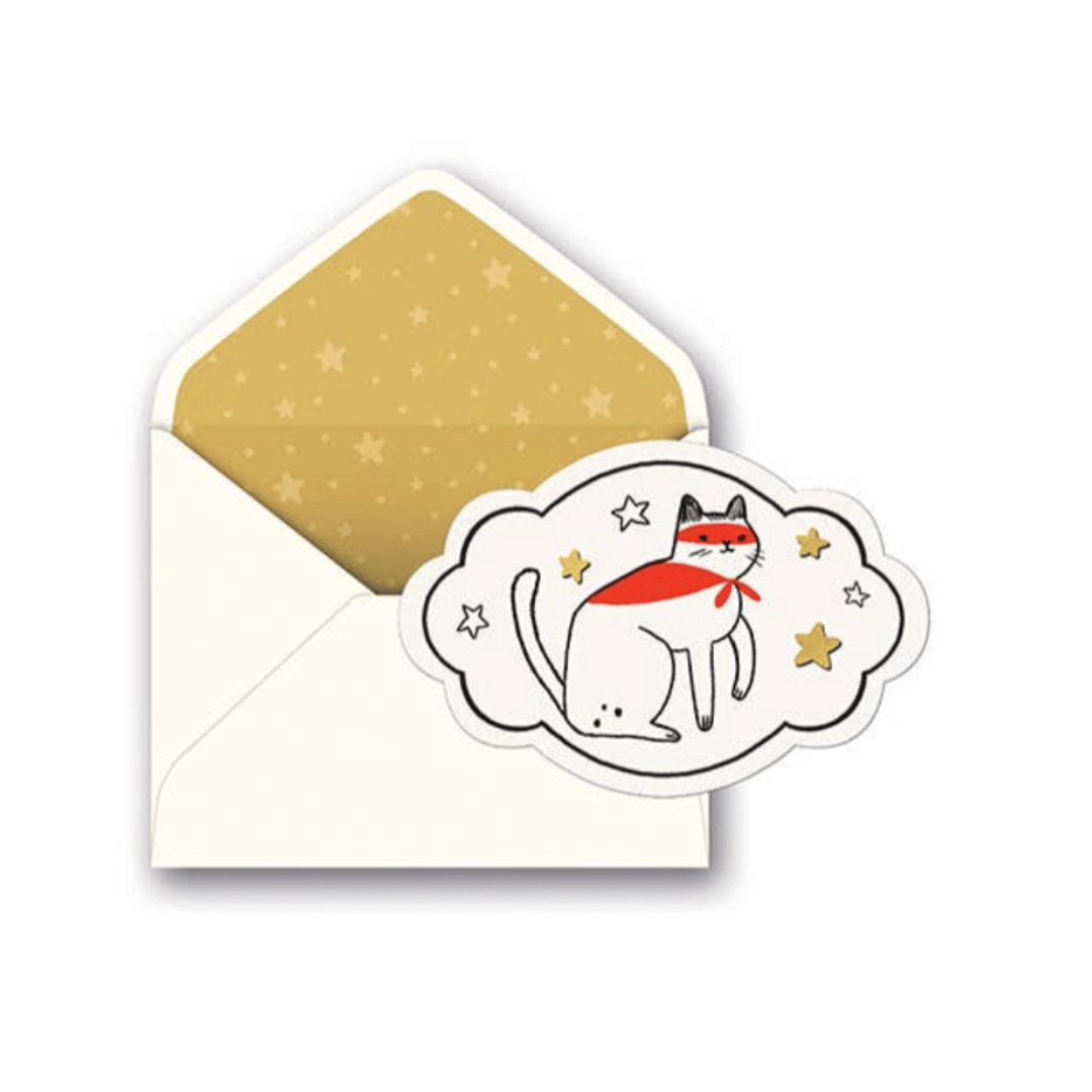 Card with a cat illustration and an open envelope with a gold interior