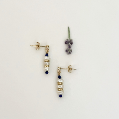 Earring - E. coin pearl gold blue stone beads