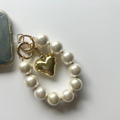 Phone Accessory - Phone Strap :Big  Pearl with gold heart