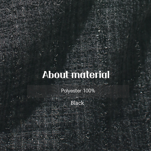 Close-up of black textured fabric with 'About material' text overlay