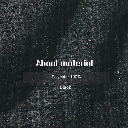 Close-up of black textured fabric with 'About material' text overlay