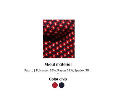 Fabric color chip with red and black pattern on a white background
