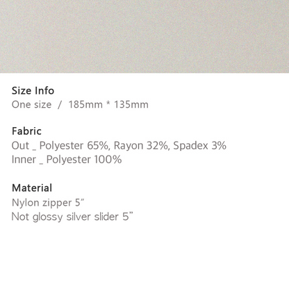 Textual information about size, fabric, and material on a plain background
