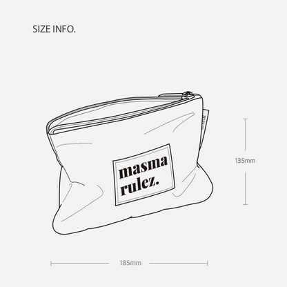 Outline of a pouch with 'masma rulez.' branding and size measurements on a light gray background.