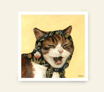 Illustration of a cat wearing a floral bandana on a yellow background