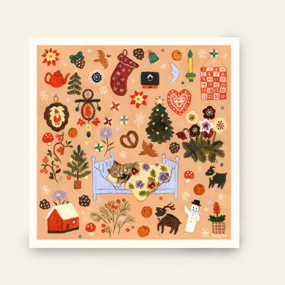 Illustrated print with various autumn-themed elements on a beige background