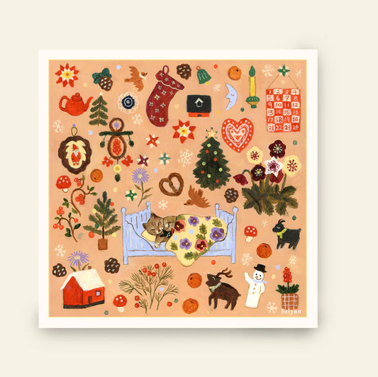 Illustrated print with various autumn-themed elements on a beige background
