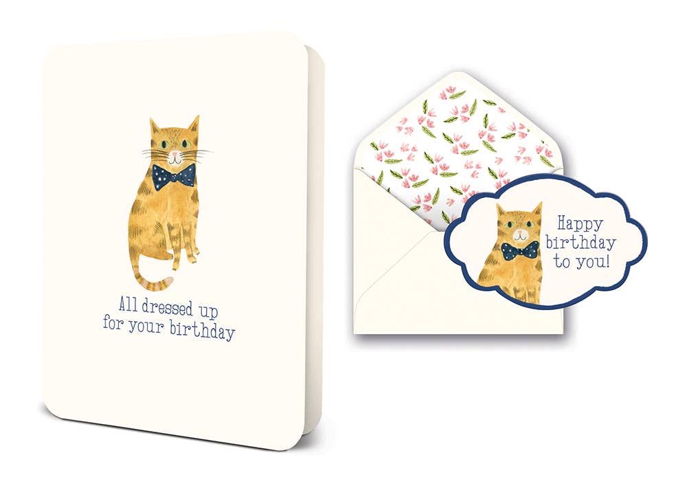 Birthday card with a cat illustration and envelope on a white background