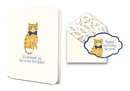 Birthday card with a cat illustration and envelope on a white background