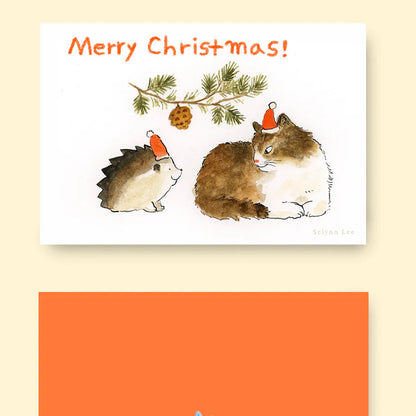 Christmas card with hedgehogs and a decorative branch, featuring the artist's name Selynn Lee.