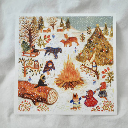 Illustrated winter scene with characters around a campfire on a white background