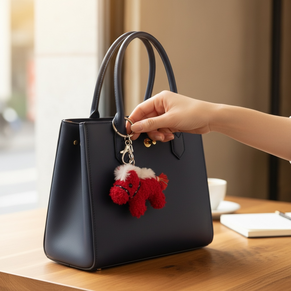 Black handbag with a red dog-shaped keychain held by a hand on a wooden surface.
