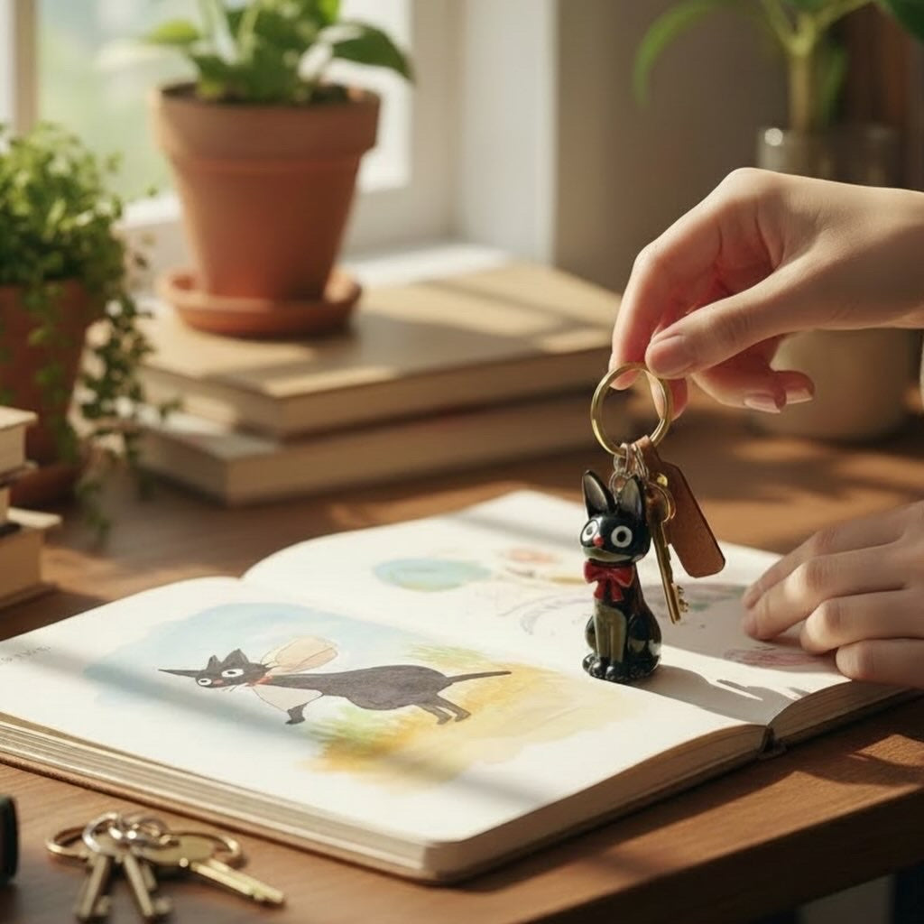 Person holding a keychain with a small black cat figurine on an open book with a cat illustration.