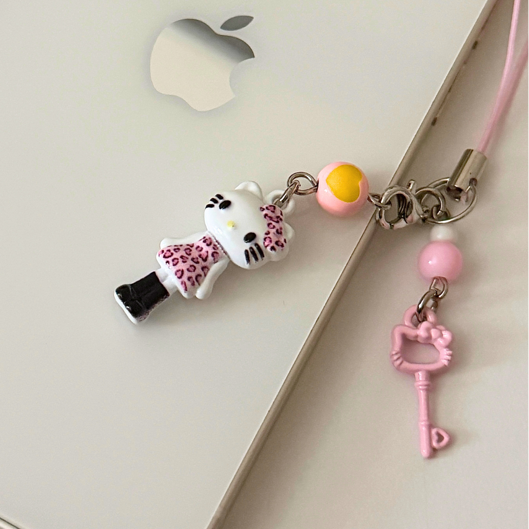 Phone charm with a cat figurine and key-shaped pendant on an Apple device.