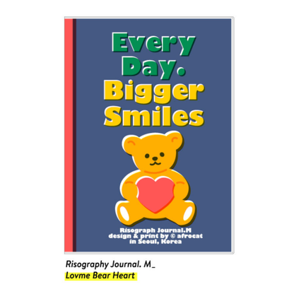 Journal with a teddy bear holding a heart on a blue cover with colorful text.