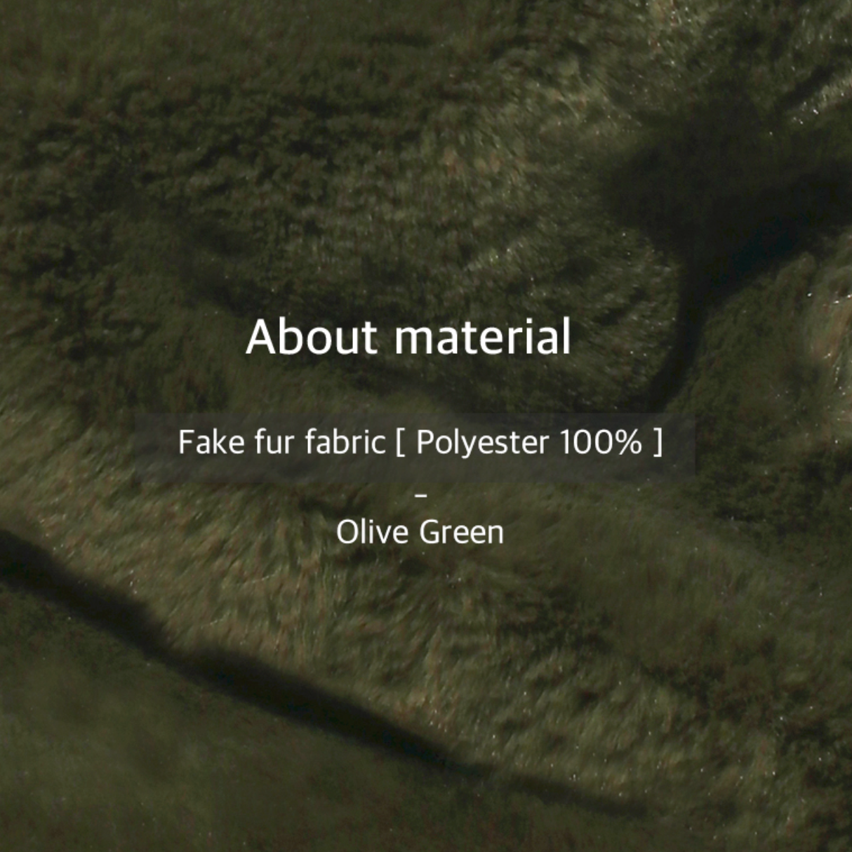 Olive green fake fur fabric with text indicating material and color.
