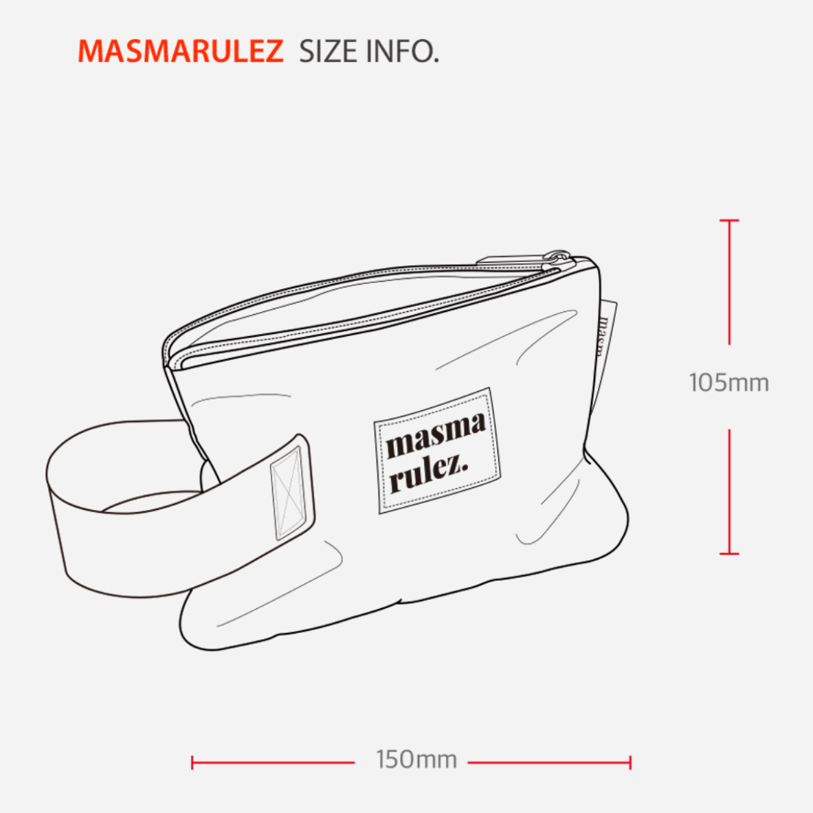 Outline of a pouch with 'masma rulez' branding and size information on a white background.