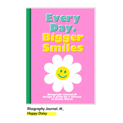 Pink journal with a smiley flower and text on a white background