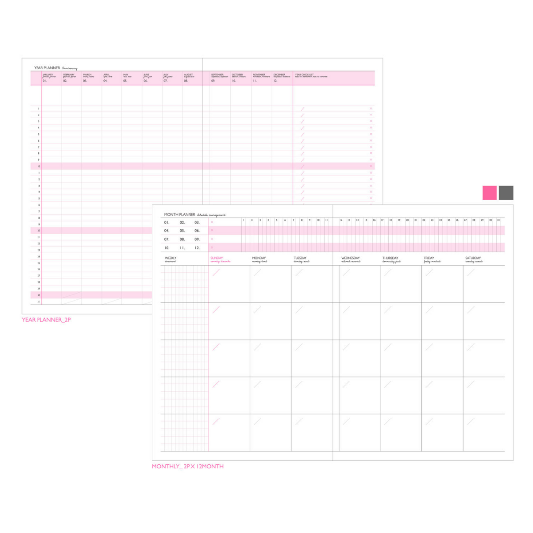 Pink and white planner sheet with various sections and text