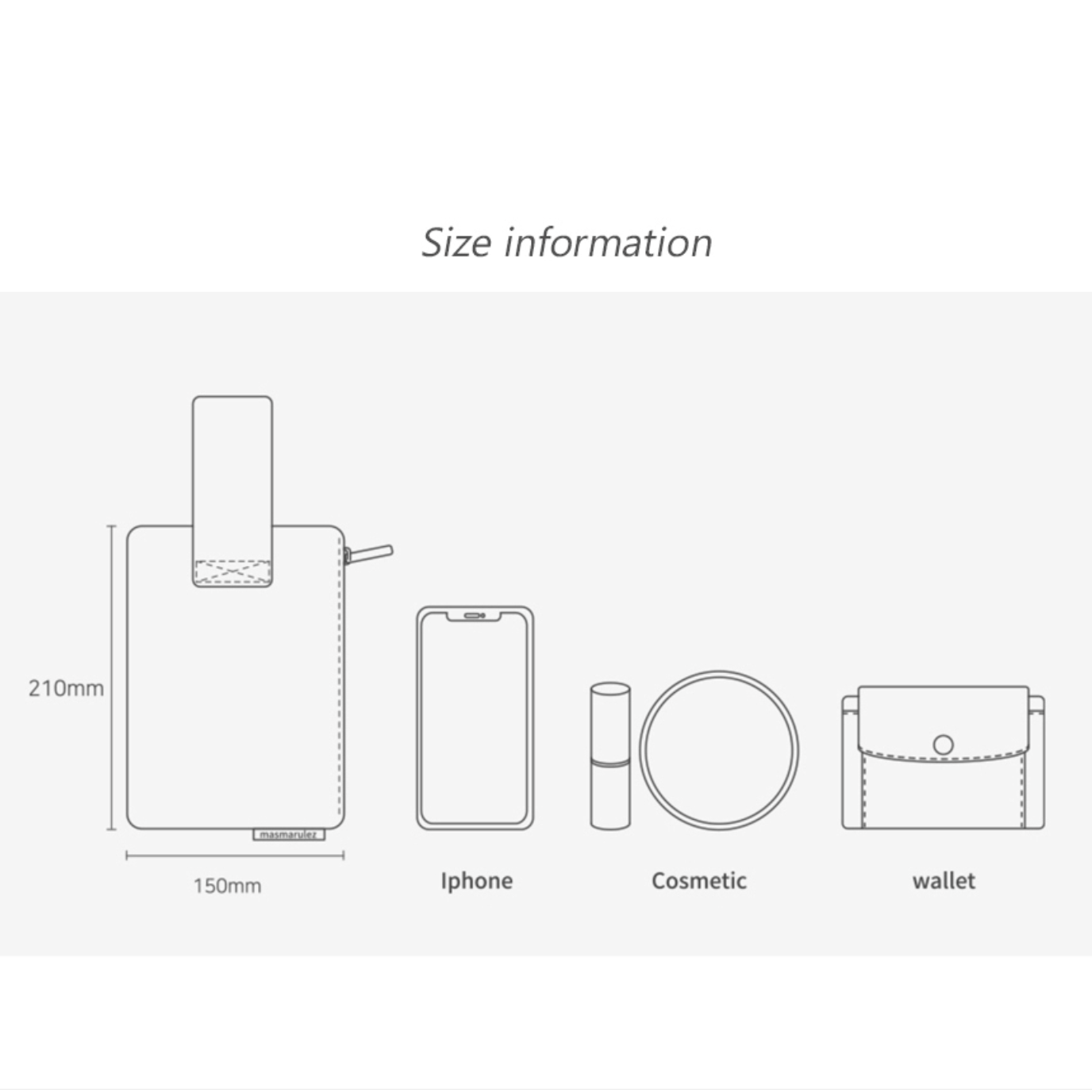 Size comparison chart showing a bottle, phone, cosmetic item, and wallet.