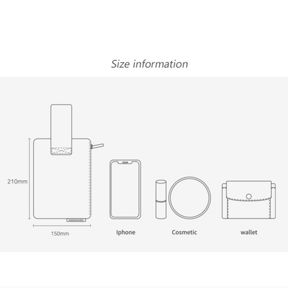 Size comparison chart showing a bottle, phone, cosmetic item, and wallet.