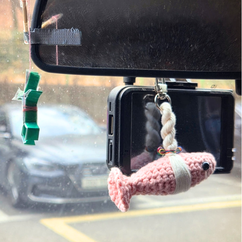 Pink fish-shaped car ornament hanging from a car's rearview mirror.