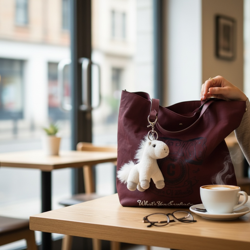 Brown tote bag with a white plush unicorn keychain on a table in a cafe.