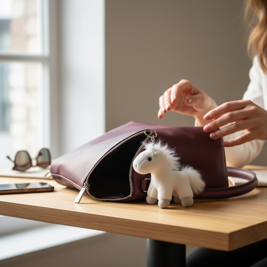 Person opening a purple handbag on a wooden table with a white plush unicorn toy inside.